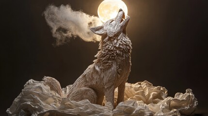 Aufkleber - Detailed paper wolf model howling under a bright moon with light mist in the air