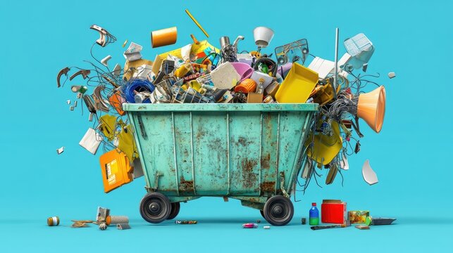Detailed illustration of a waste skip showing various stages of home renovation debris, from tiles to wiring.