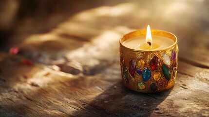 Poster - Detailed shot of a brass candle holder with gemstone inlays, casting a warm glow for Diwali. Rich texture.