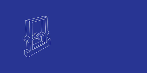 Poster - The outline of a large 3D printer symbol made of white lines on the left. 3D view of the object in perspective. Vector illustration on indigo background