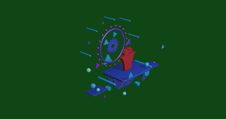 Poster - Red basketball symbol on a pedestal of abstract geometric shapes floating in the air. Abstract concept art with flying shapes in the center. 3d illustration on green background