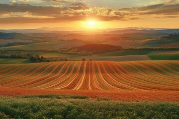 Aufkleber - Sunset over rolling hills and agricultural fields, showcasing vibrant colors and tranquil beauty.