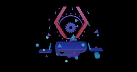 Poster - Red angle brackets symbol on a pedestal of abstract geometric shapes floating in the air. Abstract concept art with flying shapes in the center. 3d illustration on black background