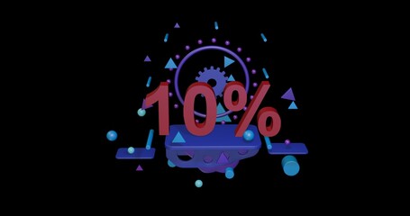 Poster - Red 10 percent symbol on a pedestal of abstract geometric shapes floating in the air. Abstract concept art with flying shapes in the center. 3d illustration on black background