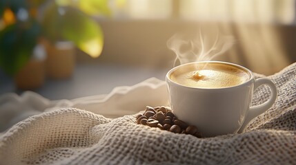Poster - Cup of hot coffee with roasted beans, peaceful natural blur in the background creating a cozy feel