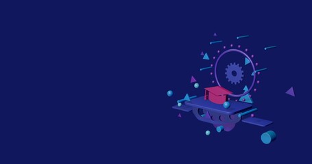 Poster - Pink square academic cap symbol on a pedestal of abstract geometric shapes floating in the air. Abstract concept art with flying shapes on the right. 3d illustration on indigo background