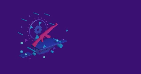 Poster - Pink assault rifle on a pedestal of abstract geometric shapes floating in the air. Abstract concept art with flying shapes on the left. 3d illustration on deep purple background