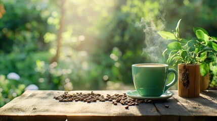 Poster - Cup of hot coffee with roasted beans, peaceful natural blur in the background creating a cozy feel