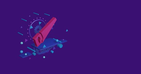 Poster - Pink hand saw symbol on a pedestal of abstract geometric shapes floating in the air. Abstract concept art with flying shapes on the left. 3d illustration on deep purple background