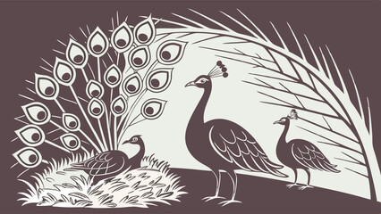 Naklejka na meble Stylized Two-Tone Illustration of Peacocks A Male Displaying Fanned Tail Feathers Near a Nest