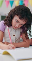 Leinwandbilder - Writing, education and child with exam, classroom and knowledge for project, growth and development. Student, studying and kid with notebook for test, learning or girl with information for elementary