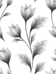 Poster - Elegant Monochrome Floral Pattern - pattern of grayscale stylized flowers and leaves, perfect for wallpaper, fabric, or design projects