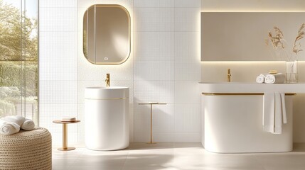 Aufkleber - Contemporary bathroom setup with illuminated mirror, clean white tiles, and gold accents