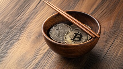 Poster - Conceptual photo of cryptocurrency as a delicacy, Bitcoin coins in a bowl with chopsticks on a warm wood table