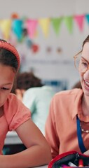 Poster - Girl, student or high five with teacher for well done, good job or learning success in classroom. Child, kid or learner with educator, smile or touch for education, motivation or support at school