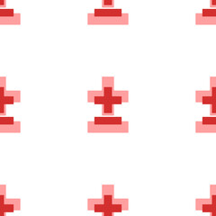 Poster - Seamless pattern of large isolated red plus–minus signs. The elements are evenly spaced. Illustration on light red background