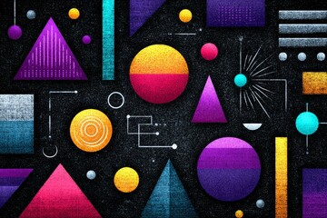 Poster - Geometric Abstract Design - Colorful abstract art featuring various geometric shapes, circles, and triangles on a dark background. Modern and vibrant design