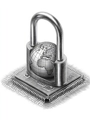 Poster - Global Security Engraving Sketch - A padlock shaped like a globe sits on a microchip, symbolizing global security, data protection, worldwide network safety, technological safeguard