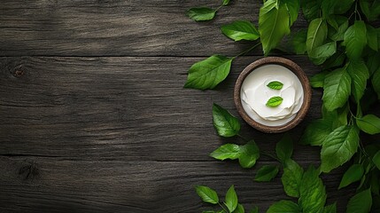 Poster - Calming dark wood contrasts with soft cream and lively green leaves in this skincare arrangement