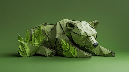 Poster - Abstract bear origami sculpture against plain green, symbolizing harmony between art and wildlife