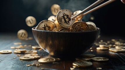 Poster - A whimsical take on modern finance, bowl of Bitcoins styled like gourmet food, elegant lighting and chopsticks
