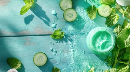 Poster - A vibrant spa-inspired layout with mint, cucumber, and skincare creams on wood