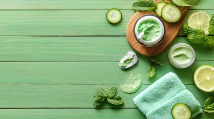 Poster - A vibrant spa-inspired layout with mint, cucumber, and skincare creams on wood