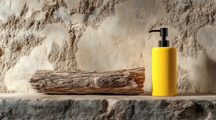 Aufkleber - A rustic wooden log sits beside a yellow liquid dispenser on a textured stone-like surface.