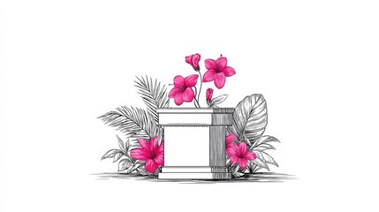Poster - Pink Flowers and Engraving Sketch Podium - Elegant pink flowers, tropical leaves, and an engraved sketch podium symbolize beauty, nature, presentation, and sophistication. A perfect