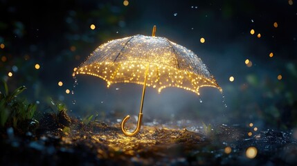 Poster - A light-adorned umbrella radiates warm hues, casting sparkles over a dark, misty background