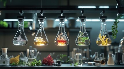 Poster - A laboratory with hanging illuminated flasks, where technology and chemistry intersect