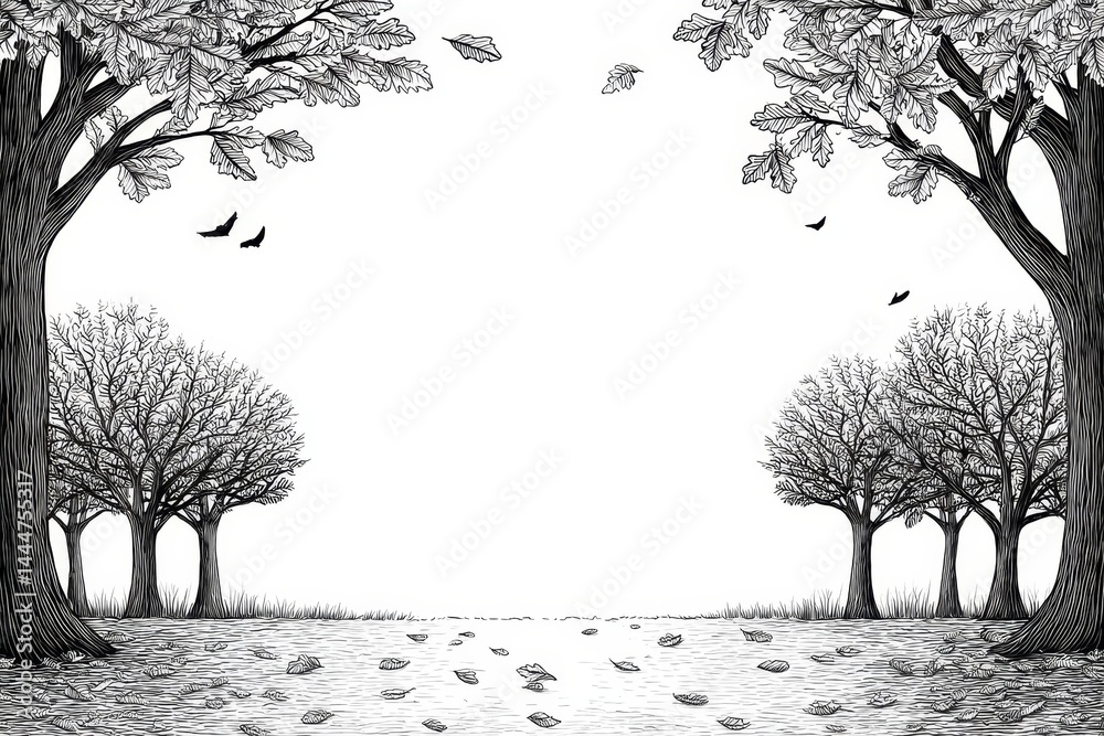 Serene Autumn Landscape - A black and white illustration of bare trees ...