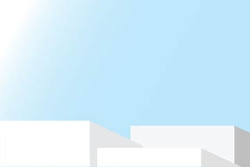 Poster - Minimalist white podium geometric shapes blue background modern clean empty abstract horizontal layout