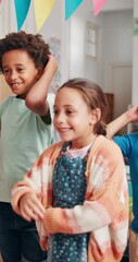 Poster - Dance, education and music with children in classroom at school together for learning. Choreography, development and rhythm with happy student kids at academy for growth, motor skills or scholarship