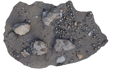 rough, uneven patch of sand with various sized rocks and pebbles