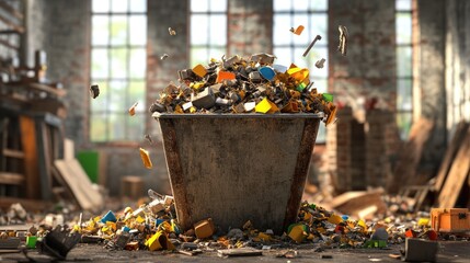 Poster - 3D rendering of a waste skip filled with construction and demolition waste from a house renovation