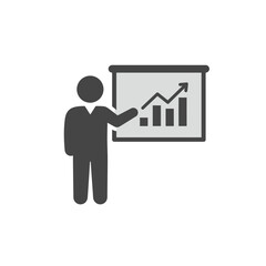 Poster - Presentation Icon: A business icon depicts a presenter explaining an upward trending graph on a board. Conveying growth and progress in a simple, clean design.