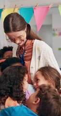 Aufkleber - School, happy and children hug teacher in classroom for greeting, welcome and excited for lesson. Academy, learning and educator with students embrace for bonding, child development and education