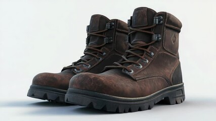 Poster - A pair of worn brown work boots on a white surface, ready for use