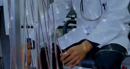 Poster - male researcher adjusting metal rods in clinical lab, with floating binary code animations