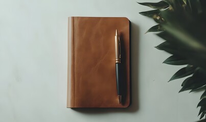 Poster - A light brown leather journal and pen on a light surface.