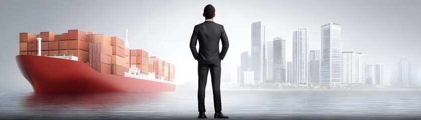 Poster - The silhouette of a manager at the helm of a cargo ship, overseeing logistics and transportation with generous copy space.