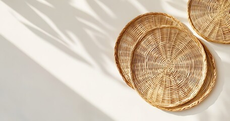 Poster - Stacked round wicker trays against a bright background.