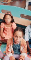 Aufkleber - Education, listening and kids on floor of classroom for child development, learning games and growth. Academy, knowledge and future with group of students at school for studying, lesson and youth