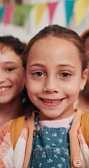 Poster - Children, face and happy with selfie in classroom for education memory, social media post and bonding. POV, friends and girl students with photography at school for learning support and scholarship