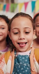 Poster - Face, students and children with smile, selfie and fun in classroom with tongue out, youth and education. Photography, bonding and kids with happiness in school, memory and group in morning or Canada