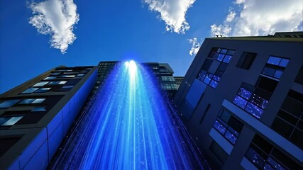 Poster - Rotating blue galaxy beam of energy releasing vibrant light in urban setting, Rotating blue galaxy, the beam with energy has released