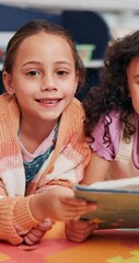 Poster - Happy kid, face or girl with book in school for support, development or learning growth in library. Portrait, reading or children with smile or story for literature lesson, fairy tale and fantasy