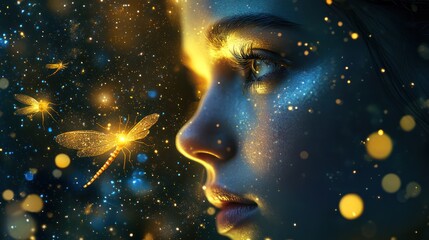 ethereal dreamscape: a woman's gaze into a universe of glowing dragonflies