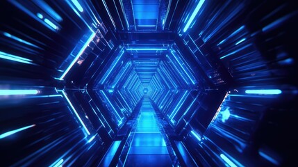 Poster - Futuristic tunnel with glowing blue lights creating a mesmerizing digital corridor, showcasing modern technology and innovation in a sci-fi environment